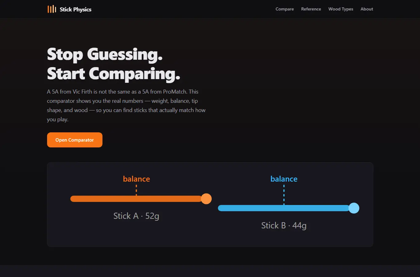 Screenshot of Drum Stick Weight & Feel Comparator interface showing the project page in use